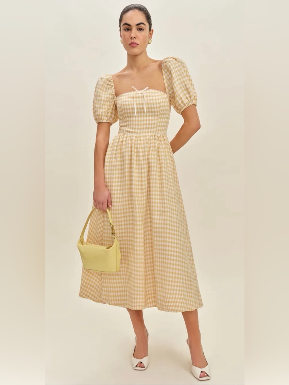 Reformation Pale Yellow Gingham Puff-Sleeve Midi Dress